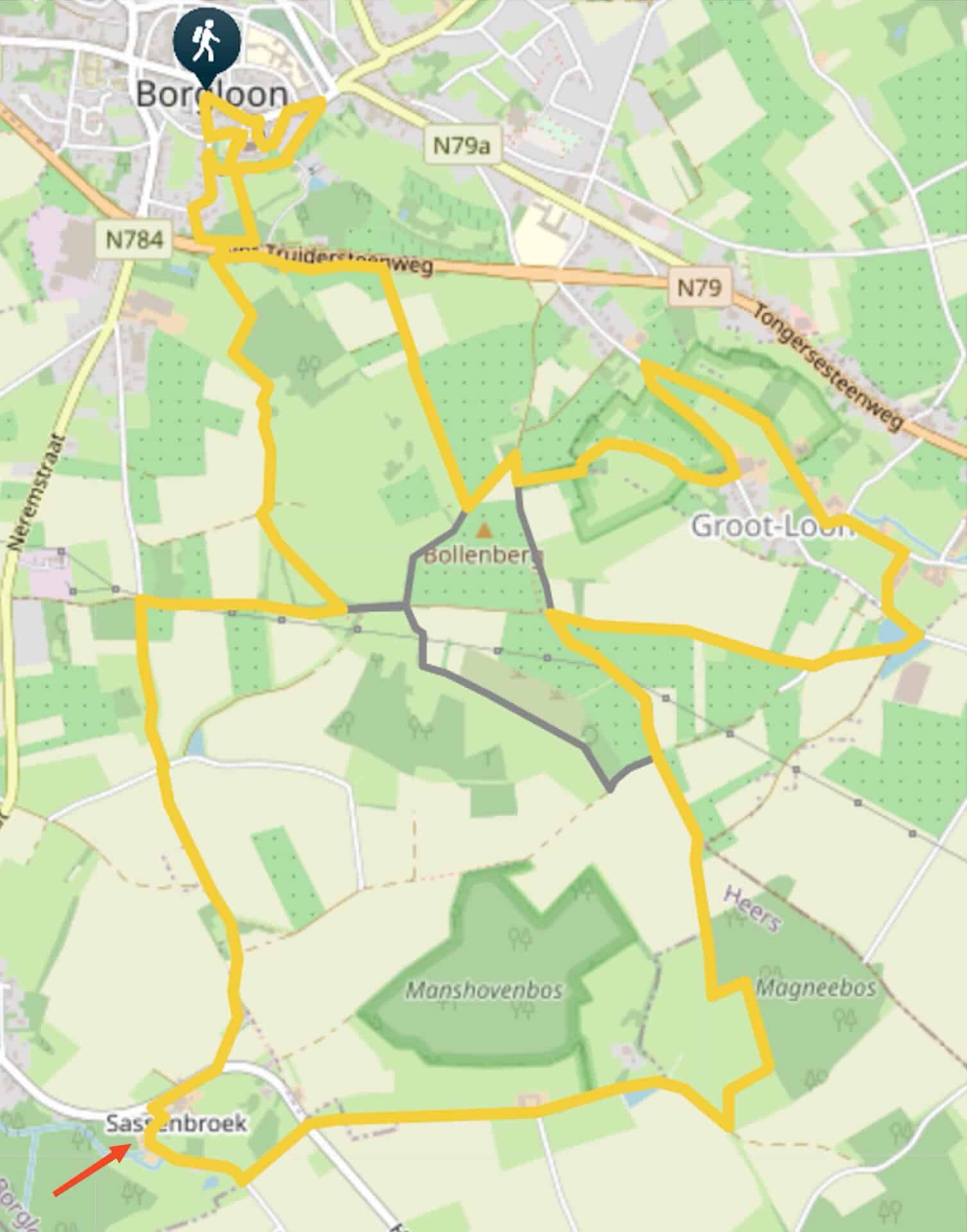 Kaart van de wandelroute vanaf Hof van Sassenbroek