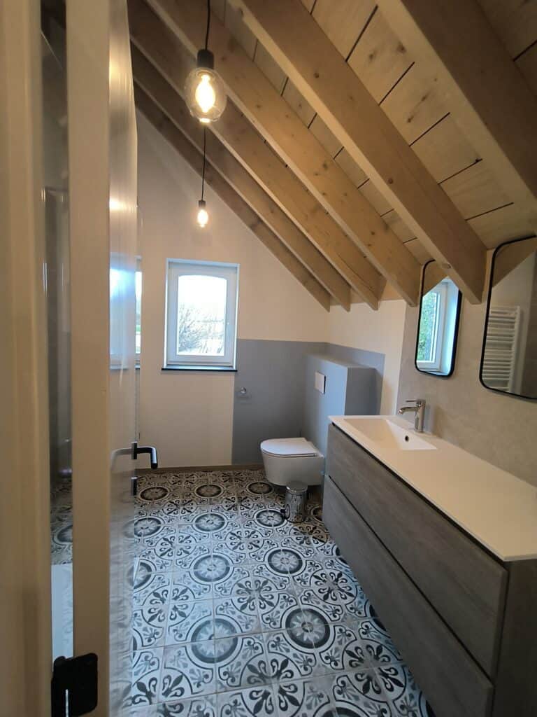 Lavabo en toilet in de badkamer met douche van de vakantiewoning bij Hof van Sassenbroek in Tongeren-Borgloon, Haspengouw.