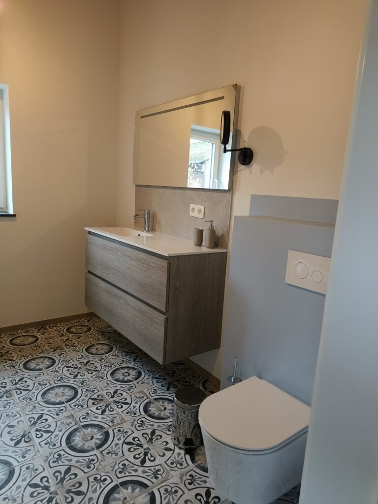 Lavabo en toilet in de badkamer met bad van de vakantiewoning bij Hof van Sassenbroek in Tongeren-Borgloon, Haspengouw.