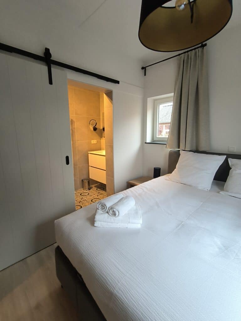 Slaapkamer met en-suite badkamer met douche op het gelijkvloers in de vakantiewoning bij Hof van Sassenbroek in Tongeren-Borgloon, Haspengouw.