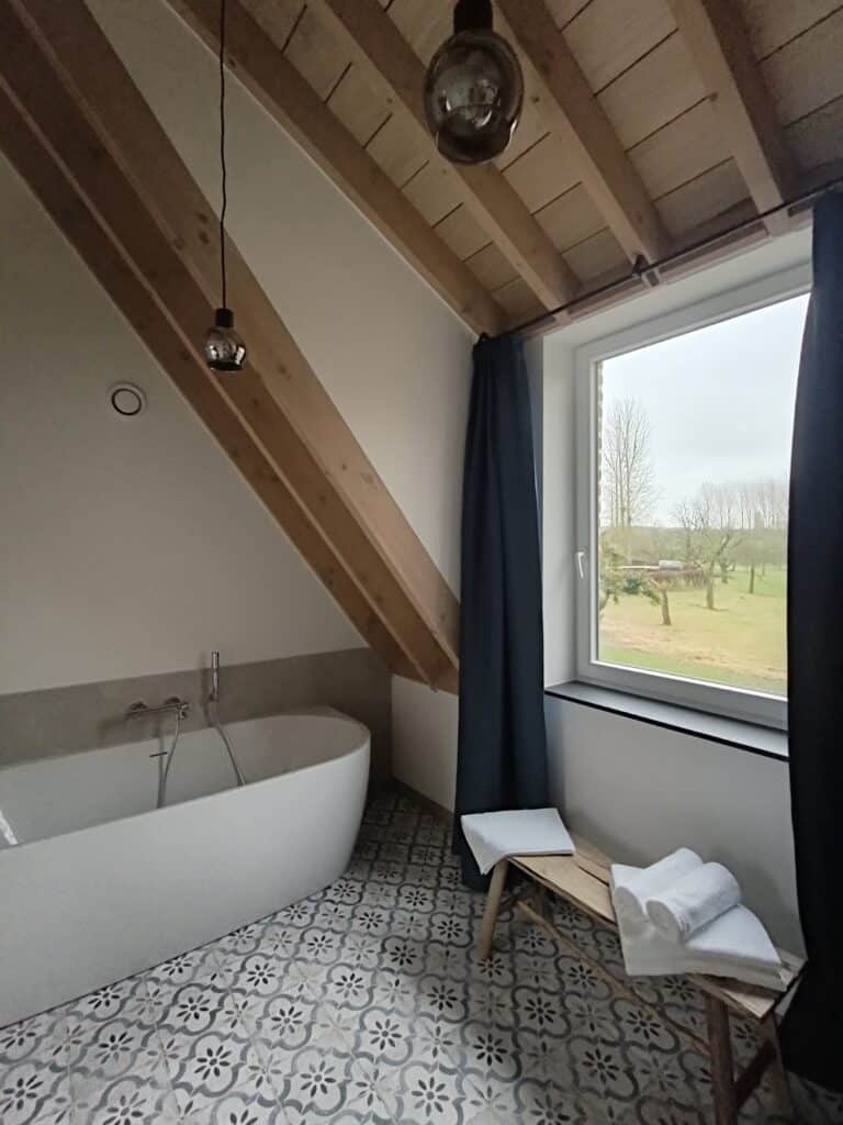 Ligbad met uitzicht op de hoogstamboomgaard in de badkamer van het brouwhuis van de vakantiewoning bij Hof van Sassenbroek in Tongeren‑Borgloon, Haspengouw.