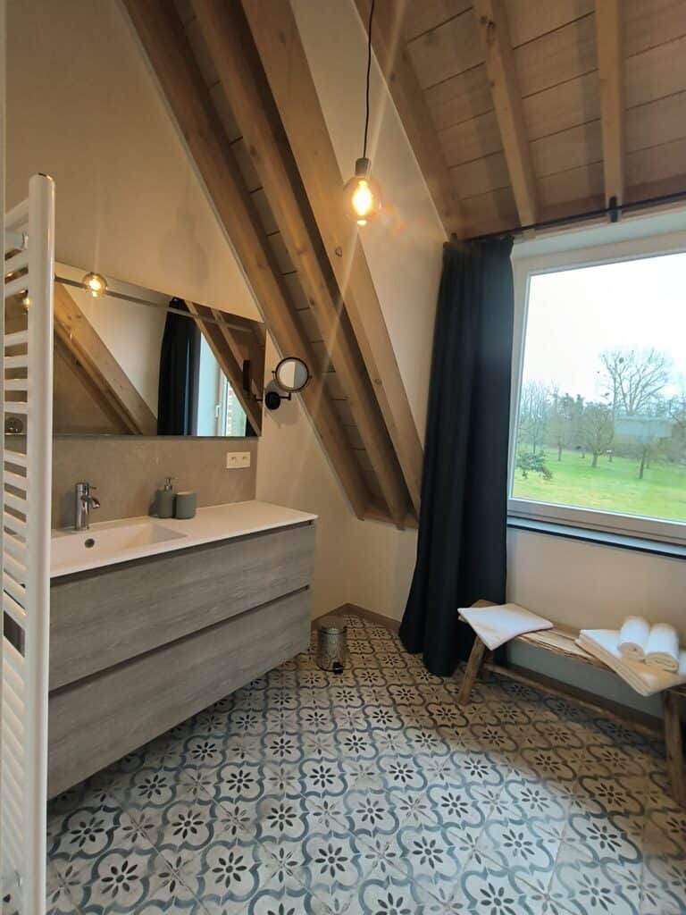 Lavabo bij de douche in de badkamer van het brouwhuis van de vakantiewoning bij Hof van Sassenbroek in Tongeren‑Borgloon, Haspengouw.
