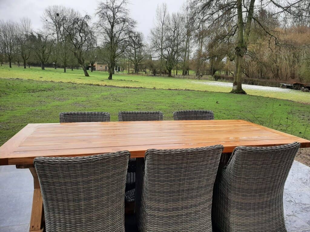 Uitzicht op het terras en de hoogstamboomgaard vanuit de woonkamer van het brouwhuis van de vakantiewoning bij Hof van Sassenbroek in Tongeren‑Borgloon, Haspengouw.
